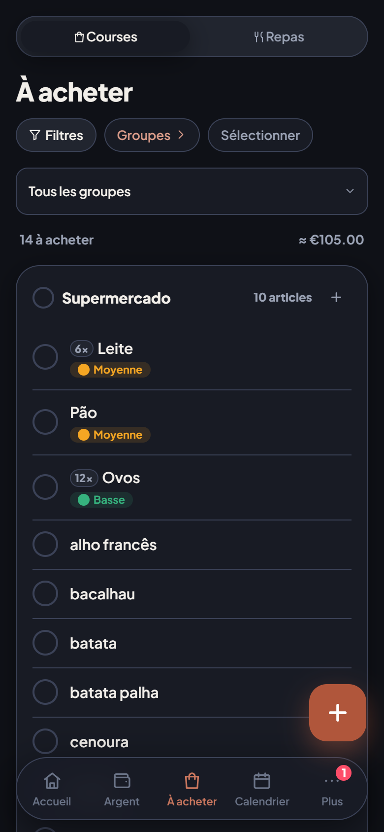 Une liste de courses, sur les deux téléphones