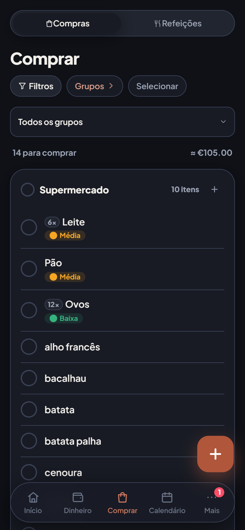 Uma lista de compras, nos dois telemóveis